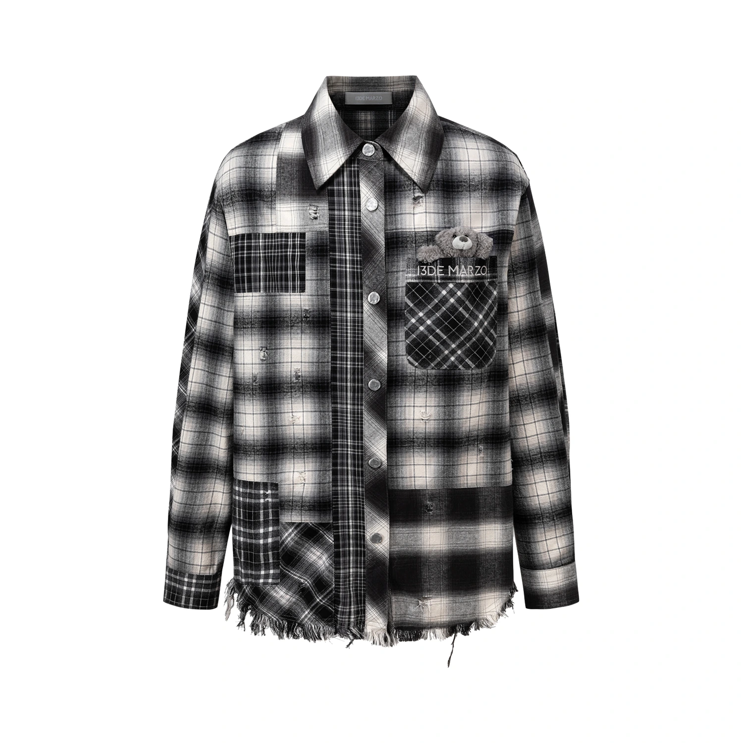 13DE MARZO Patchwork Plaid Distressed Shirt