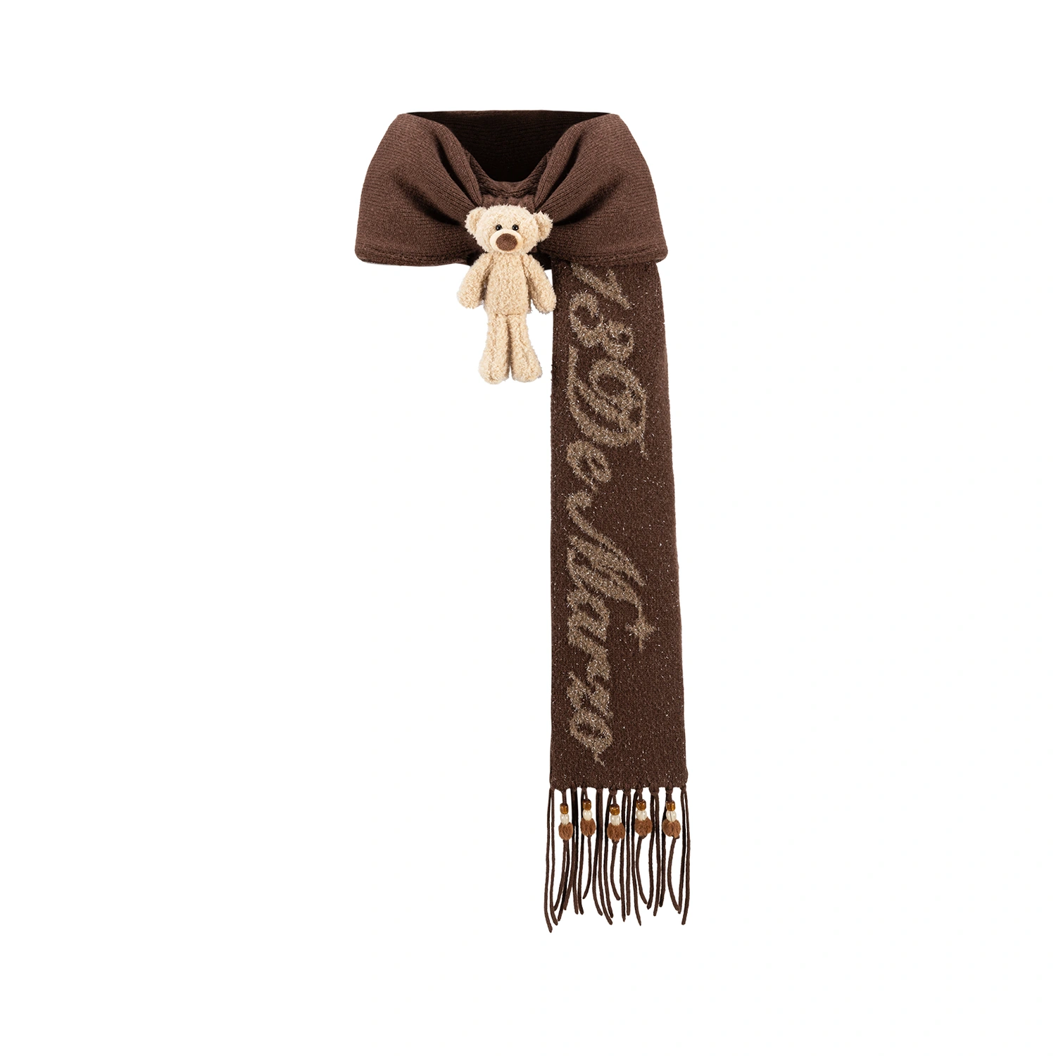 13DE MARZO Doozoo Bow Tassel Beaded Scarf Brown