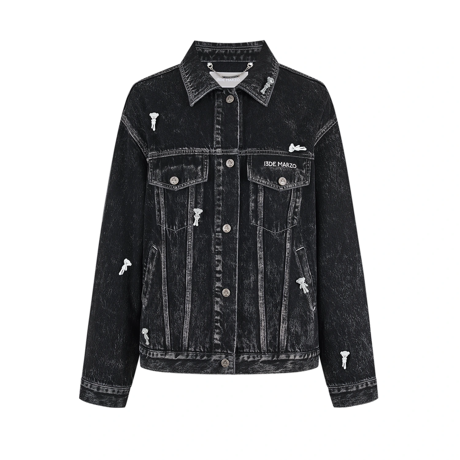 13DE MARZO All-Over Flocked Bear Denim Jacket Black