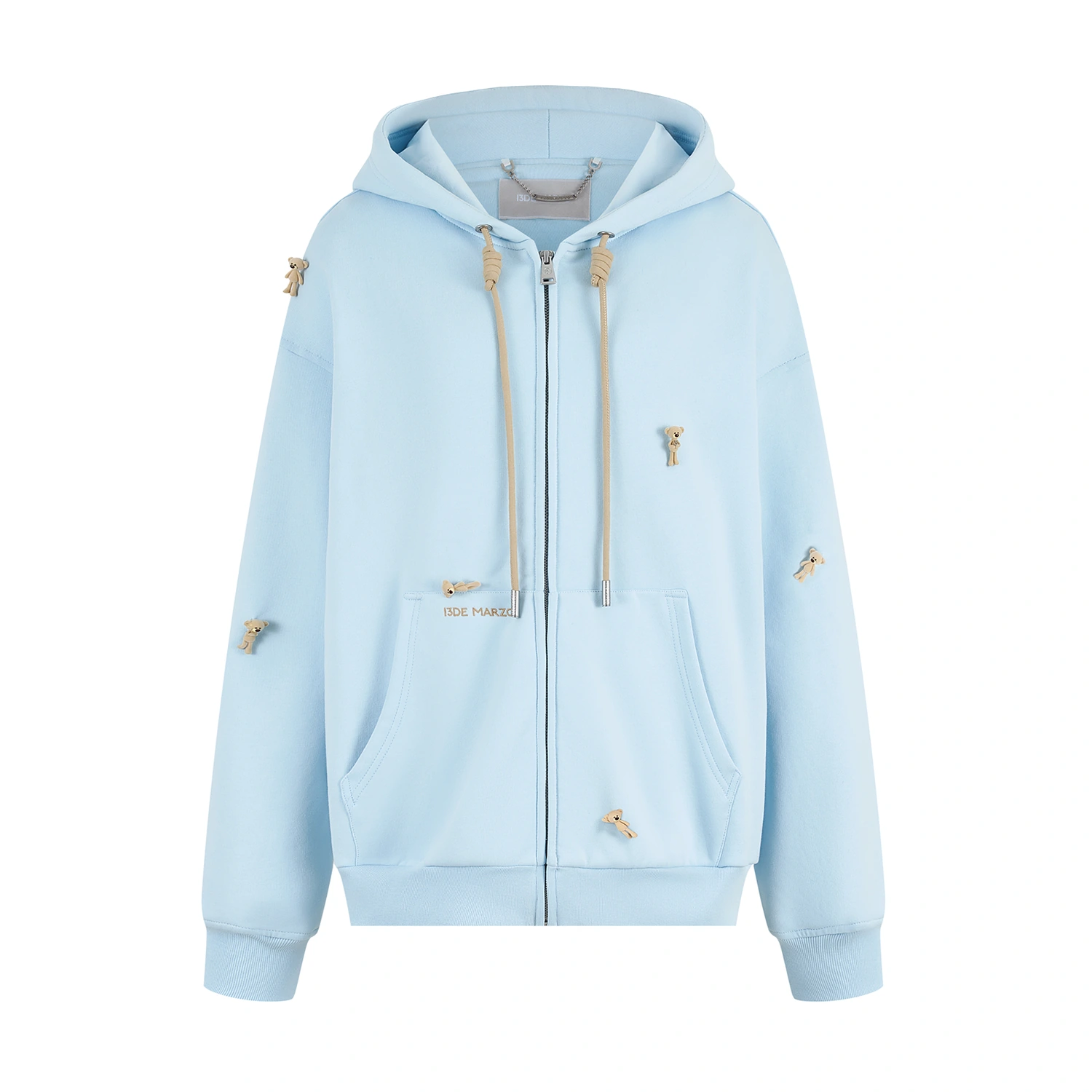 13DE MARZO All-Over Flocked Bear Zipper Hoodie Blue
