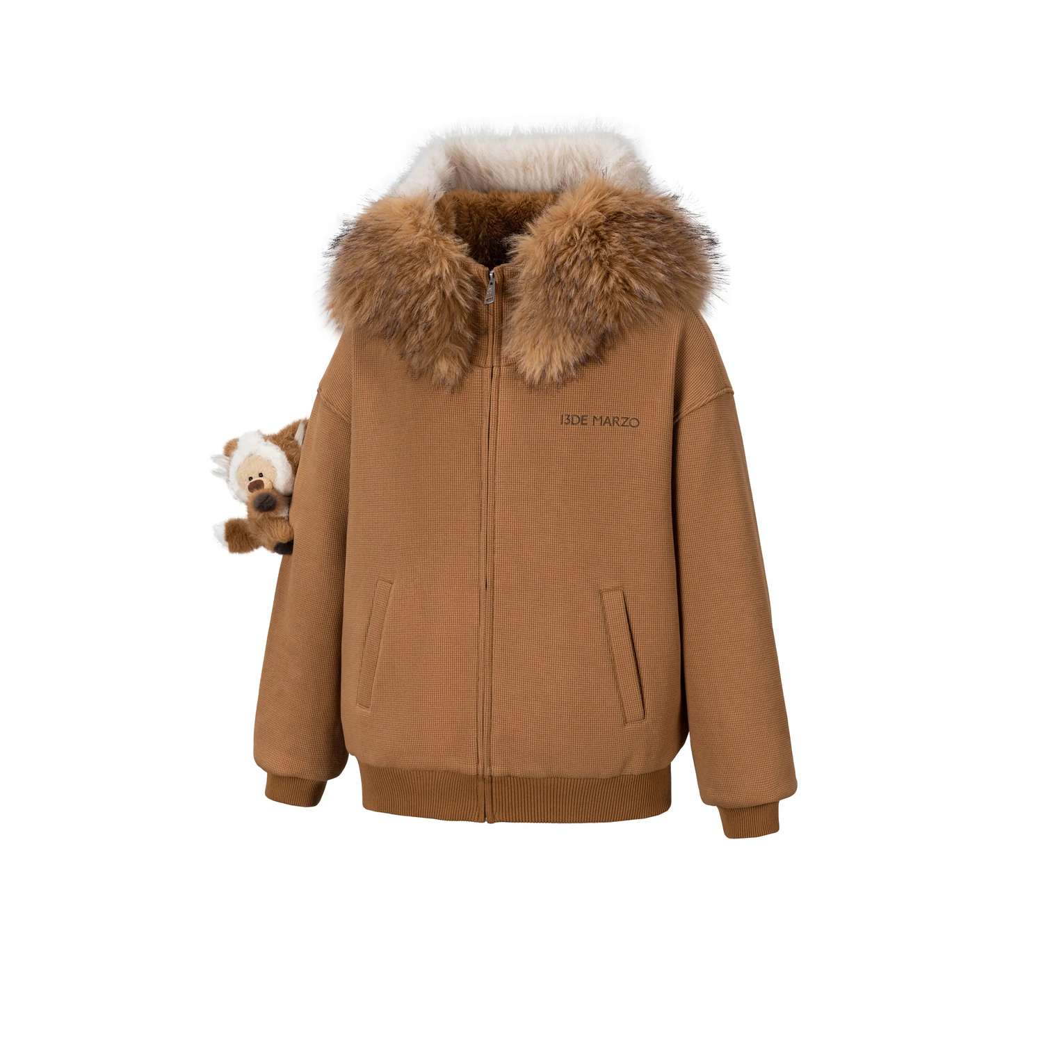 13DE MARZO Fox Bear Zip Hoodie Light Brown