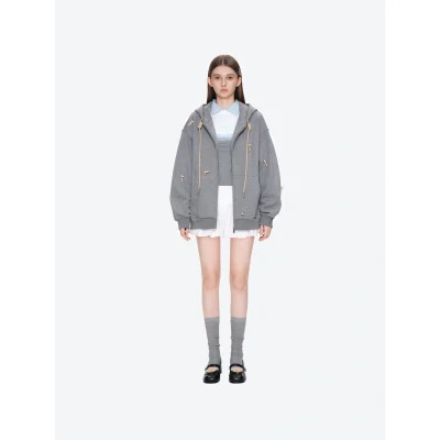 13DE MARZO All-Over Flocked Bear Zipper Hoodie Grey