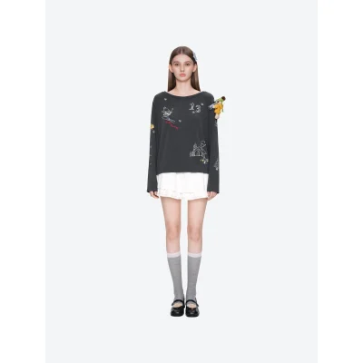 13DE MARZO Graffiti Snow Bear Off Shoulder T-shirt Dark Grey