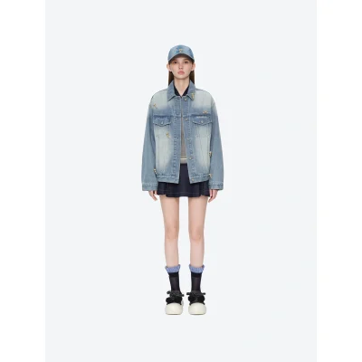 13DE MARZO All-Over Flocked Bear Denim Jacket Blue