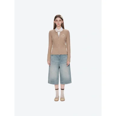 13DE MARZO Mini Bear Slim Fit Knit Zip Cardigan Khaki