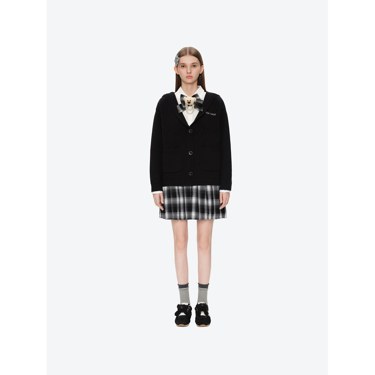13DE MARZO Mock Three Piece Knit Pleated School Dress Black - Image 2