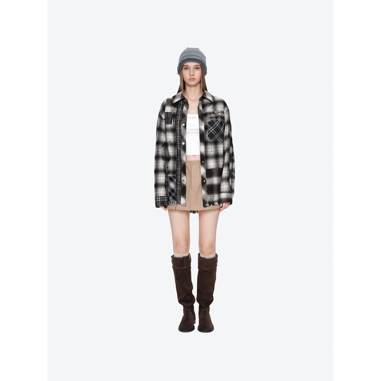 13DE MARZO Patchwork Plaid Distressed Shirt - Image 2