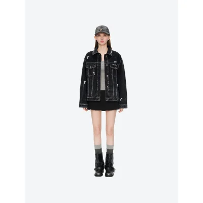 13DE MARZO All-Over Flocked Bear Denim Jacket Black