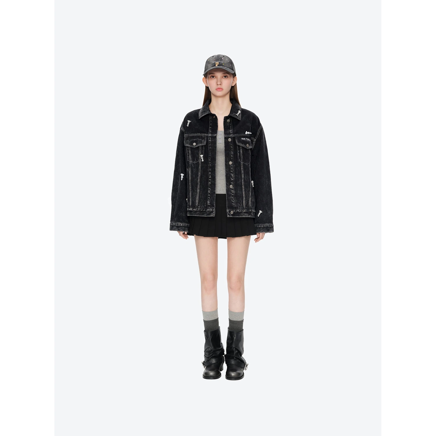 13DE MARZO All-Over Flocked Bear Denim Jacket Black - Image 2