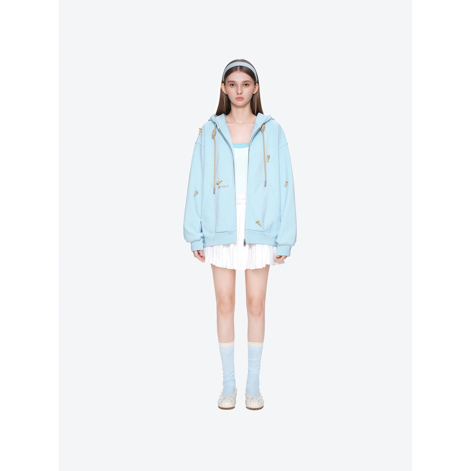 13DE MARZO All-Over Flocked Bear Zipper Hoodie Blue - Image 2