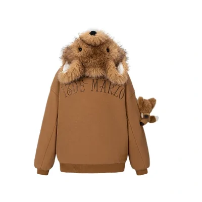 13DE MARZO Fox Bear Zip Hoodie Light Brown