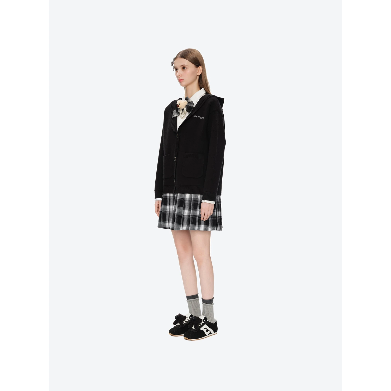 13DE MARZO Mock Three Piece Knit Pleated School Dress Black - Image 3