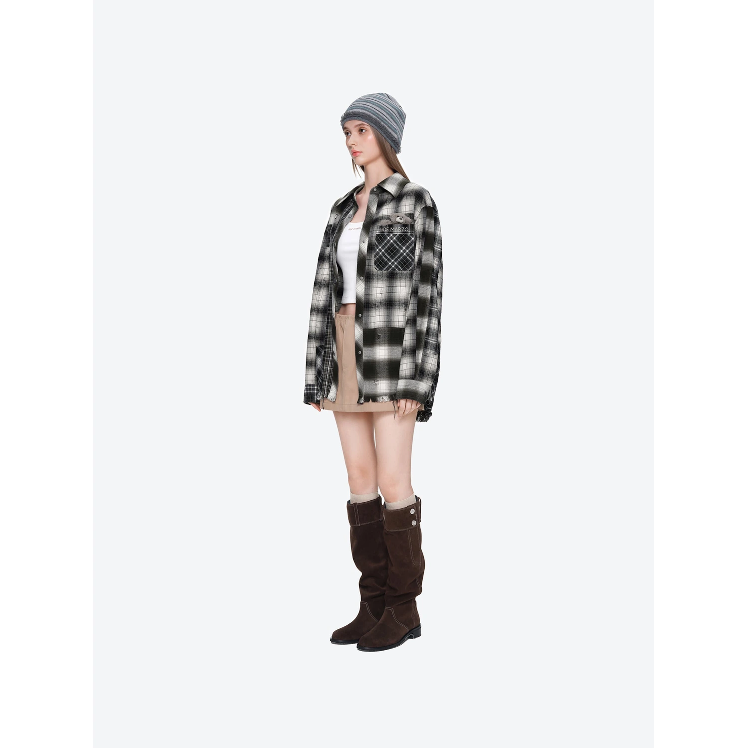 13DE MARZO Patchwork Plaid Distressed Shirt - Image 3