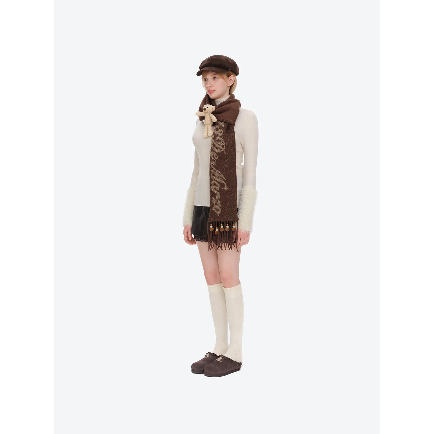 13DE MARZO Doozoo Bow Tassel Beaded Scarf Brown - Image 3