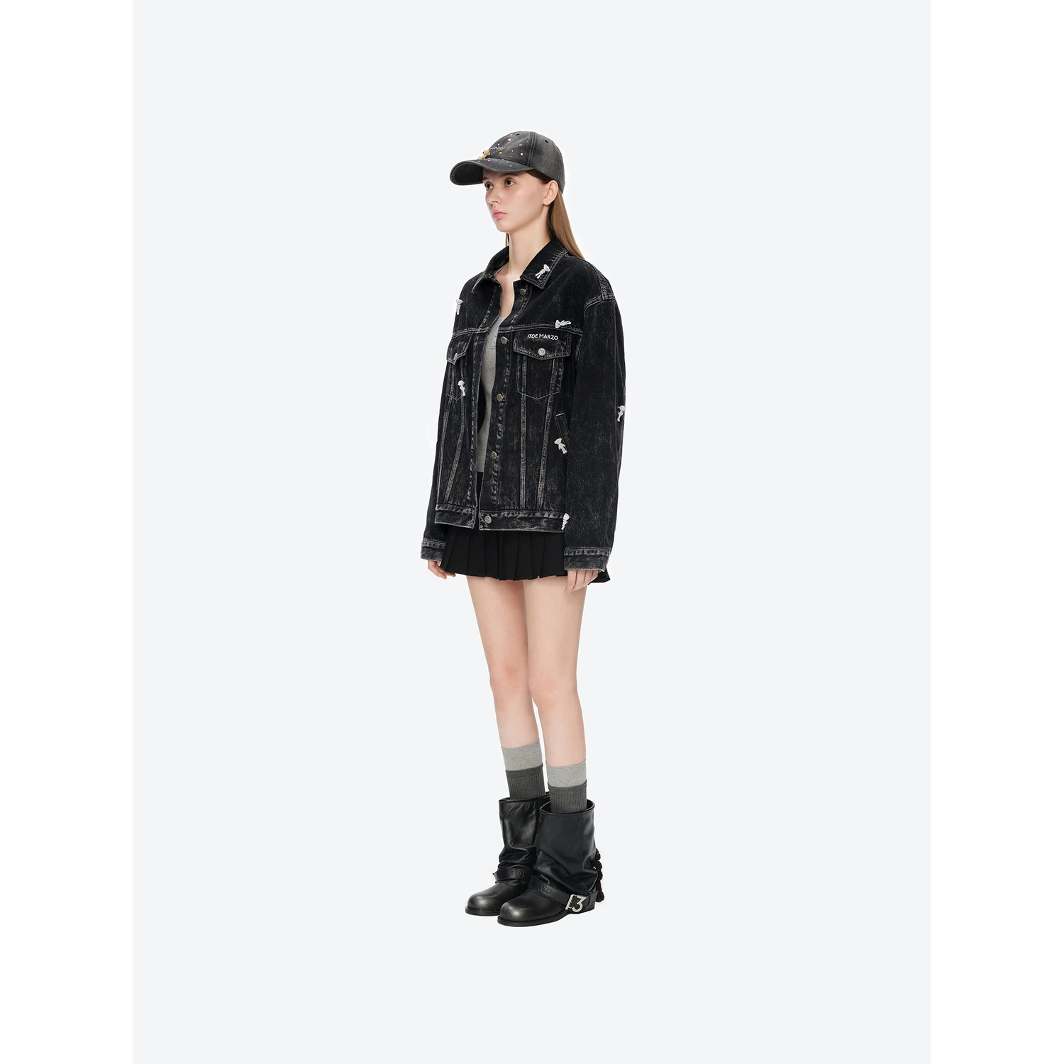 13DE MARZO All-Over Flocked Bear Denim Jacket Black - Image 3
