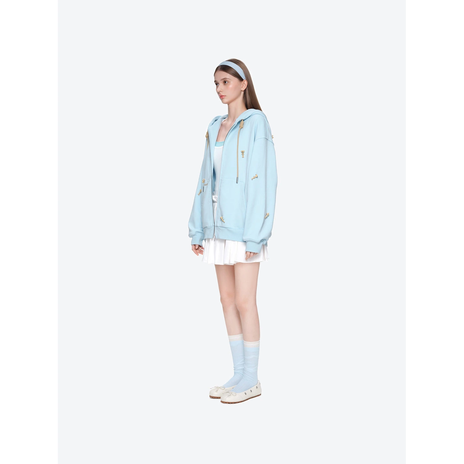 13DE MARZO All-Over Flocked Bear Zipper Hoodie Blue - Image 3