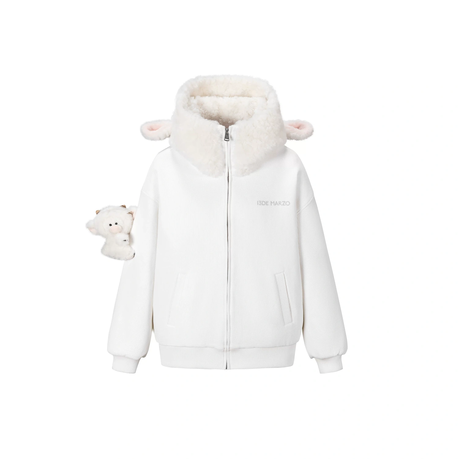 13DE MARZO Lamb Bear Zip Hoodie Beige - Image 3