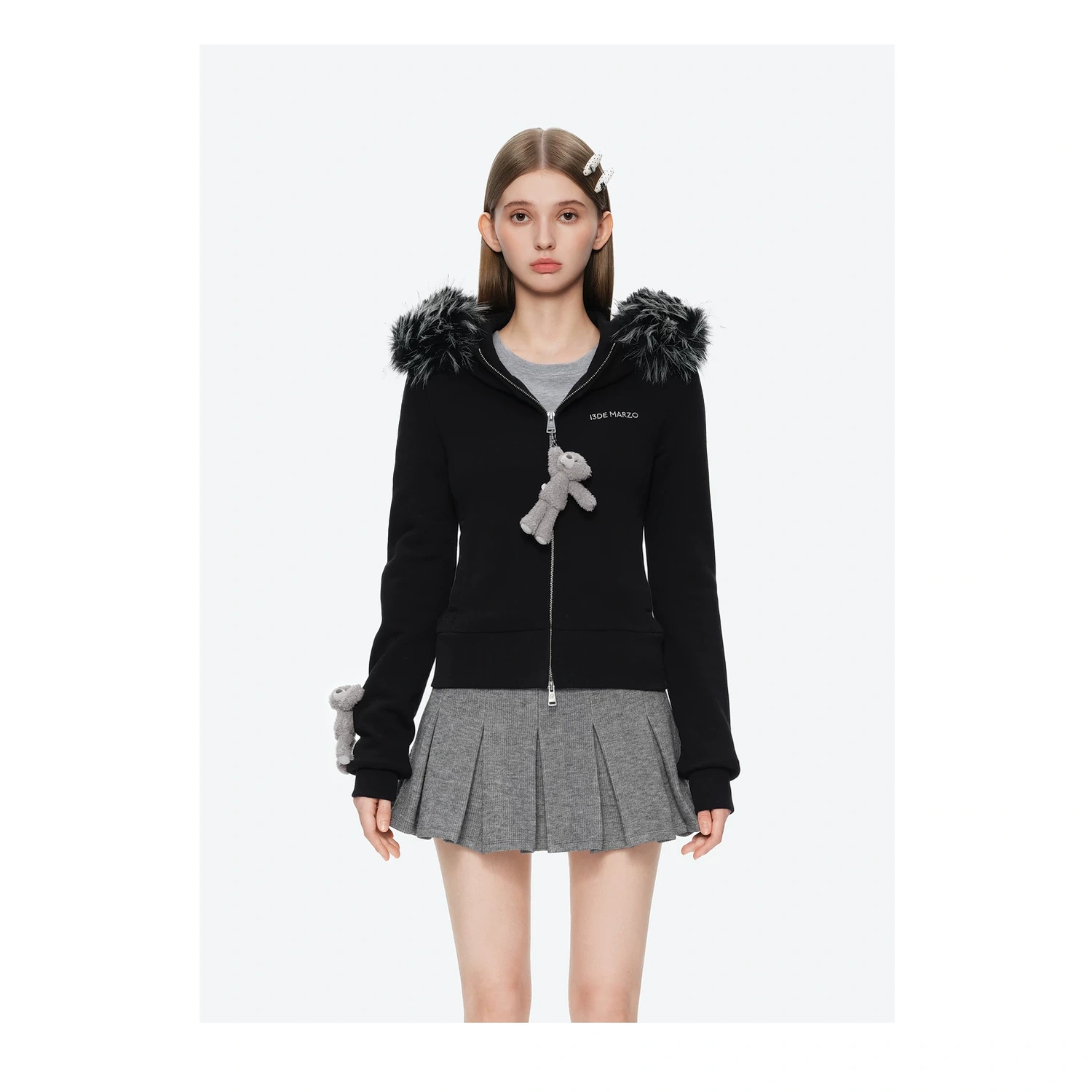 13DE MARZO Doozoo Fur Collar Hoodie Black - Image 3