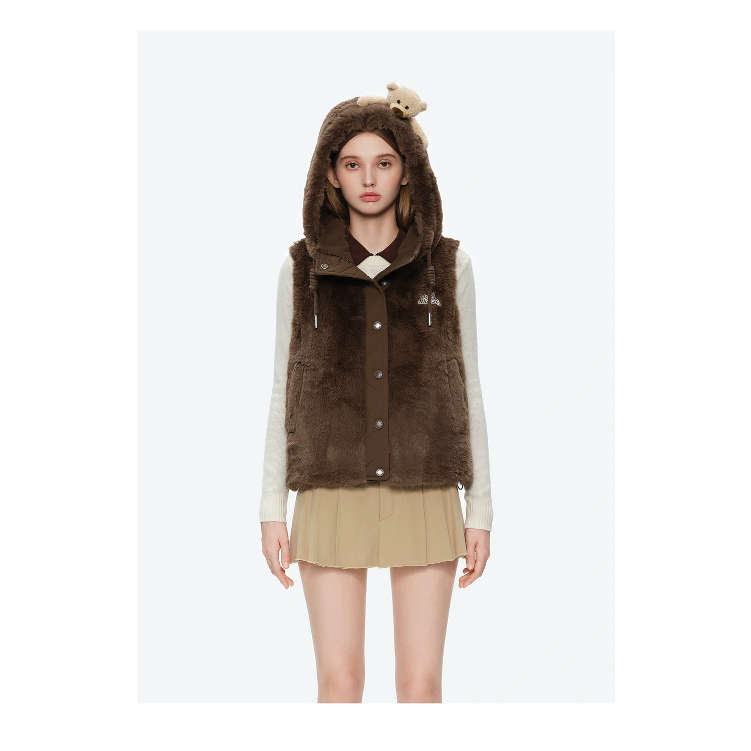 13DE MARZO Patchwork Down Hooded Vest Brown - Image 3