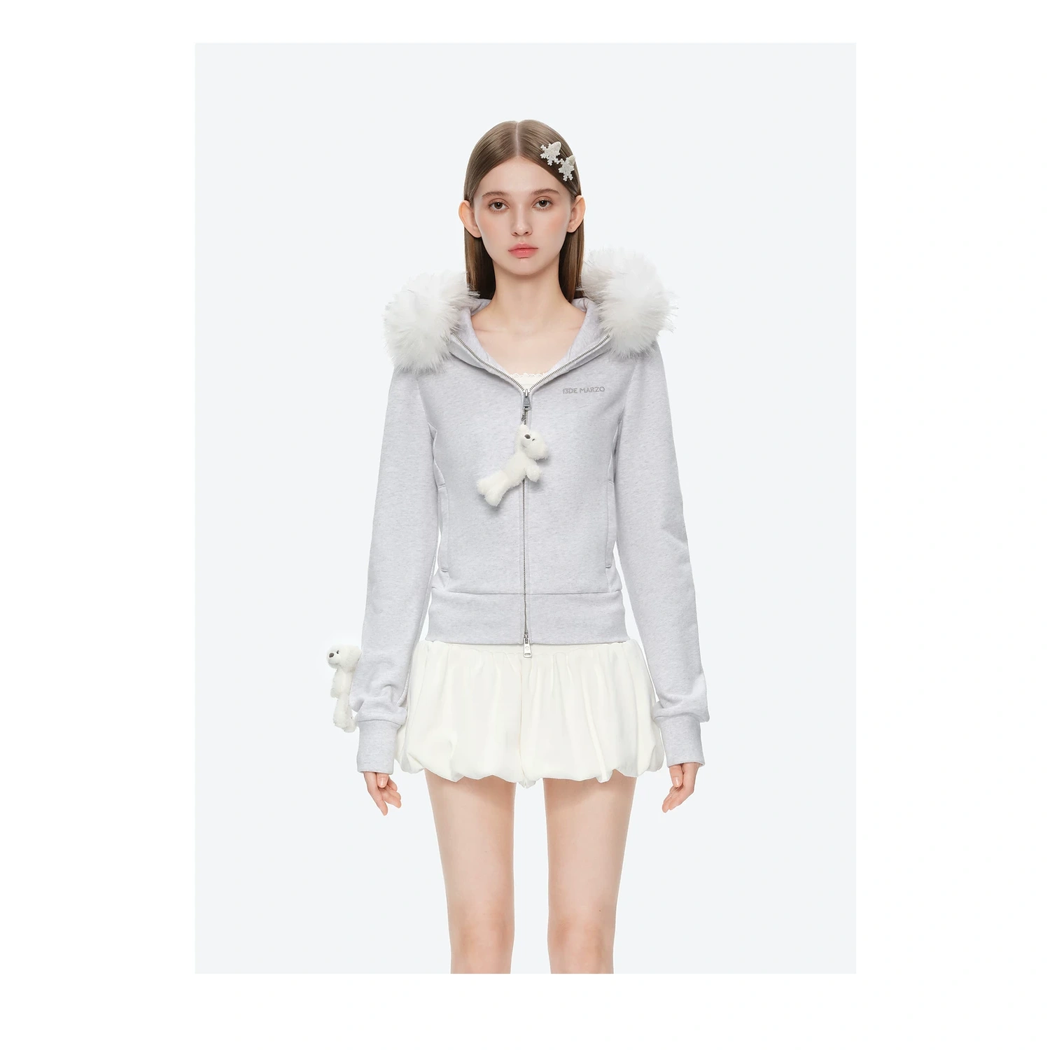 13DE MARZO Doozoo Fur Collar Hoodie Light Grey - Image 3