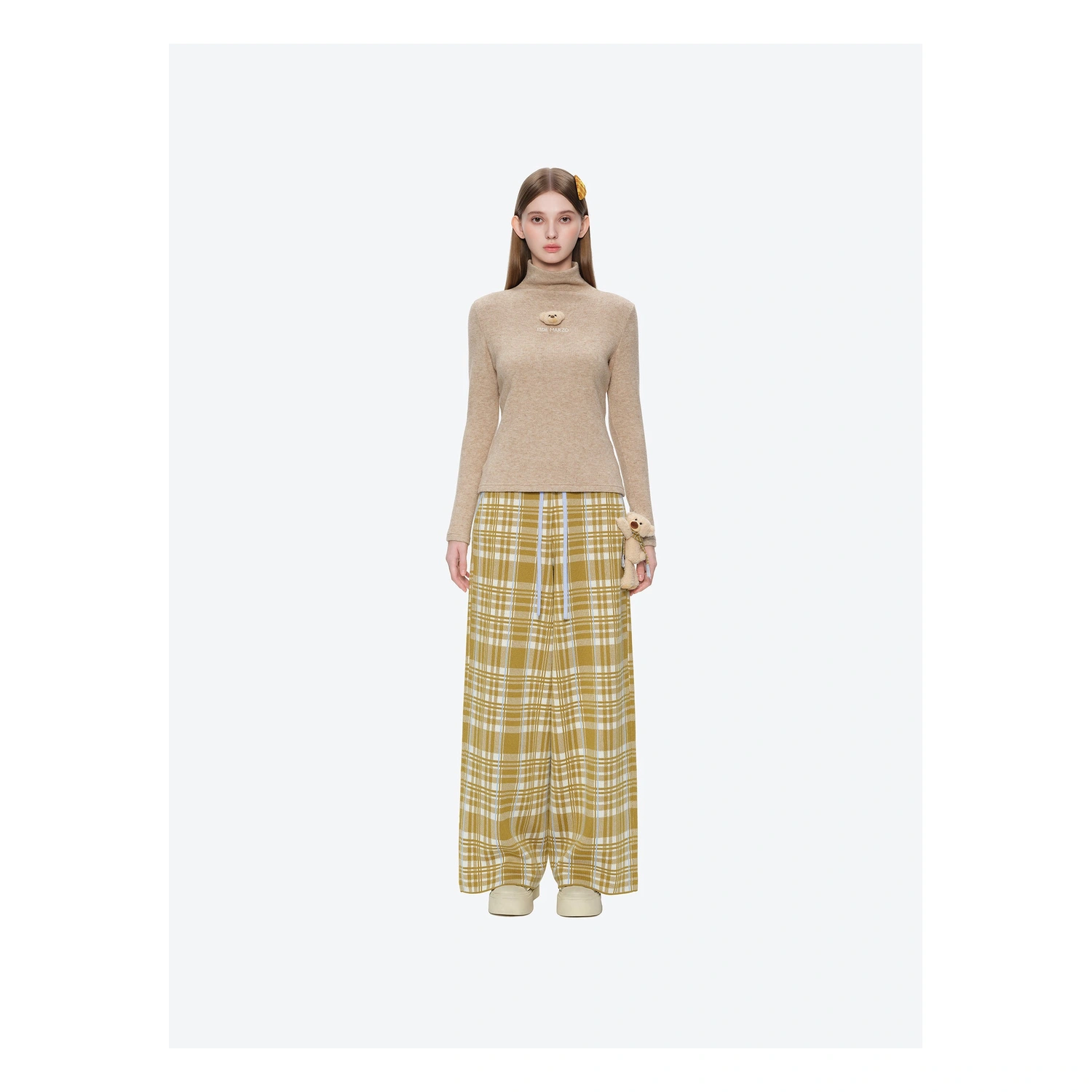 13DE MARZO Knit Jacquard Plaid Pants Yellow - Image 3