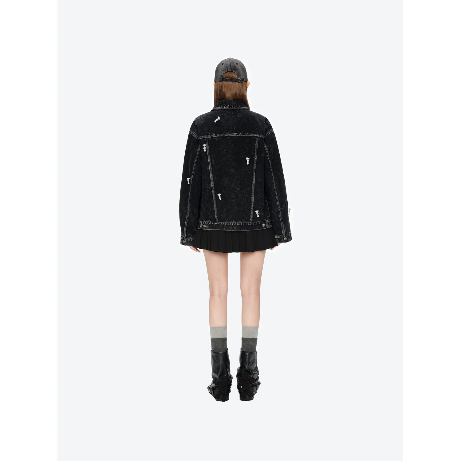 13DE MARZO All-Over Flocked Bear Denim Jacket Black - Image 4