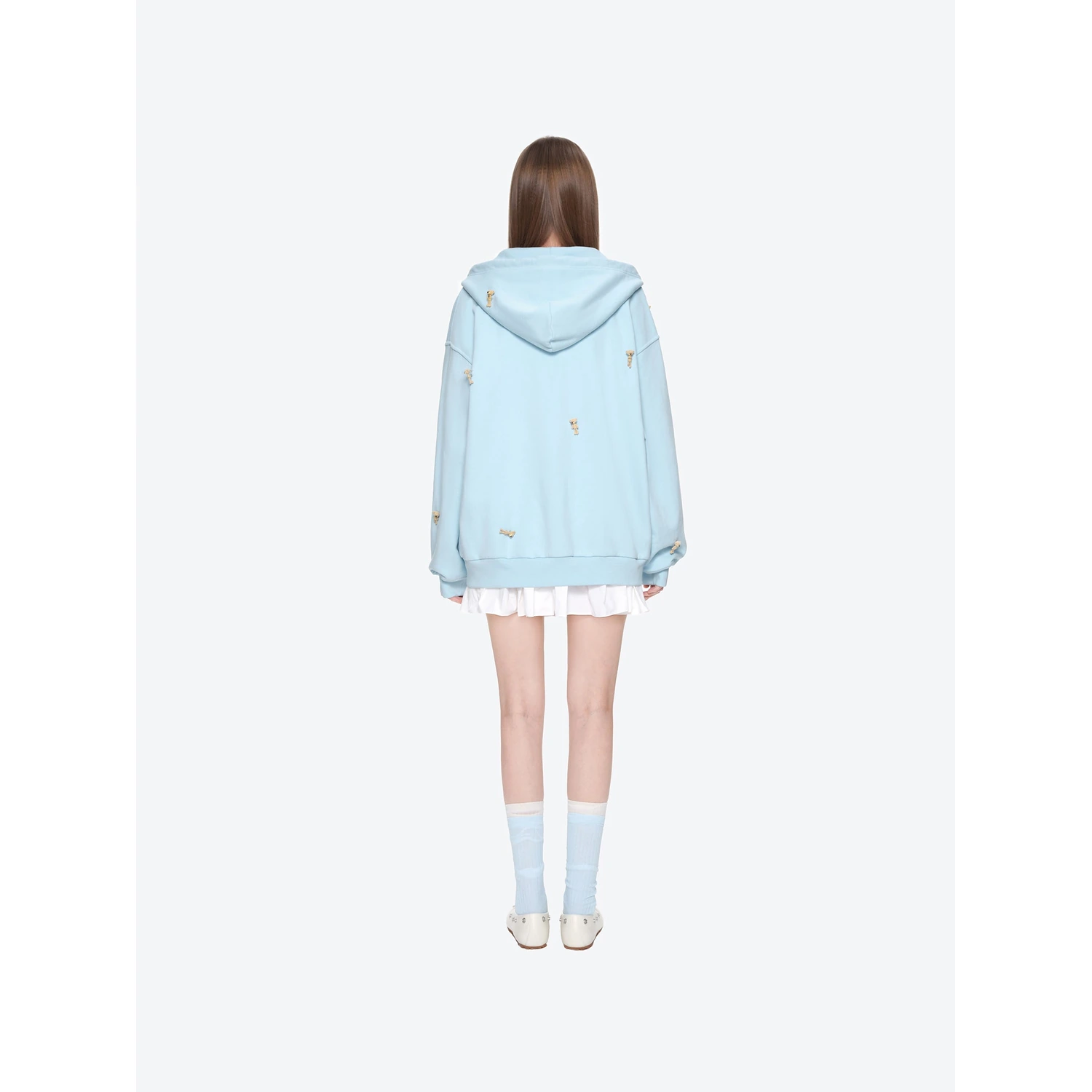 13DE MARZO All-Over Flocked Bear Zipper Hoodie Blue - Image 4