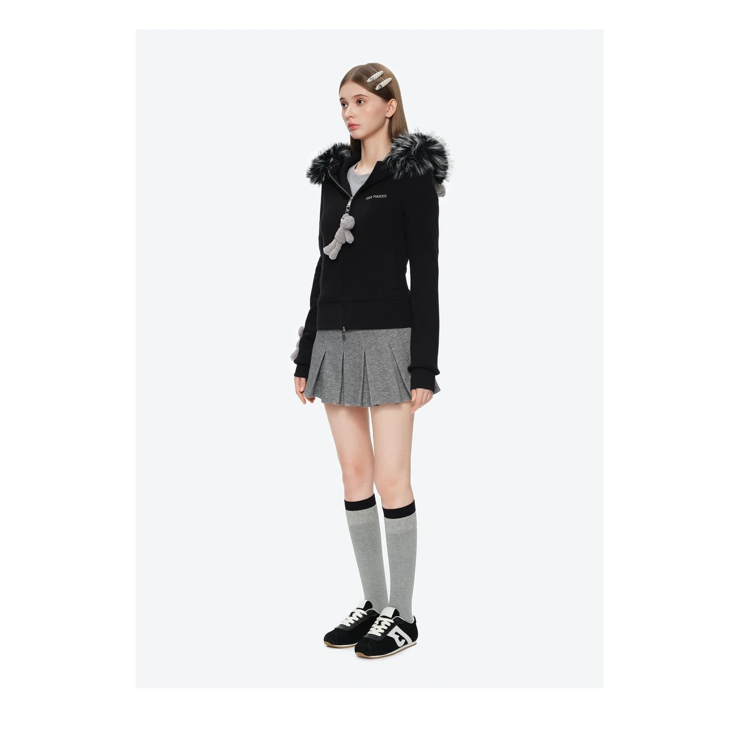 13DE MARZO Doozoo Fur Collar Hoodie Black - Image 4