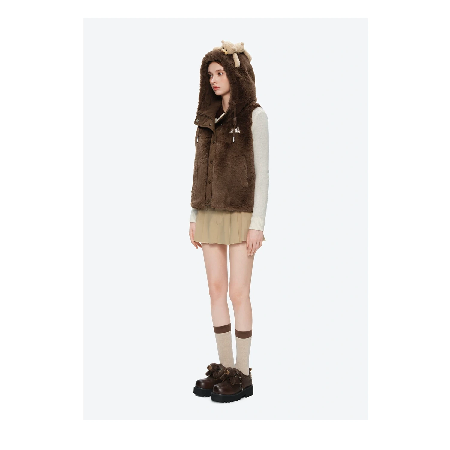 13DE MARZO Patchwork Down Hooded Vest Brown - Image 4