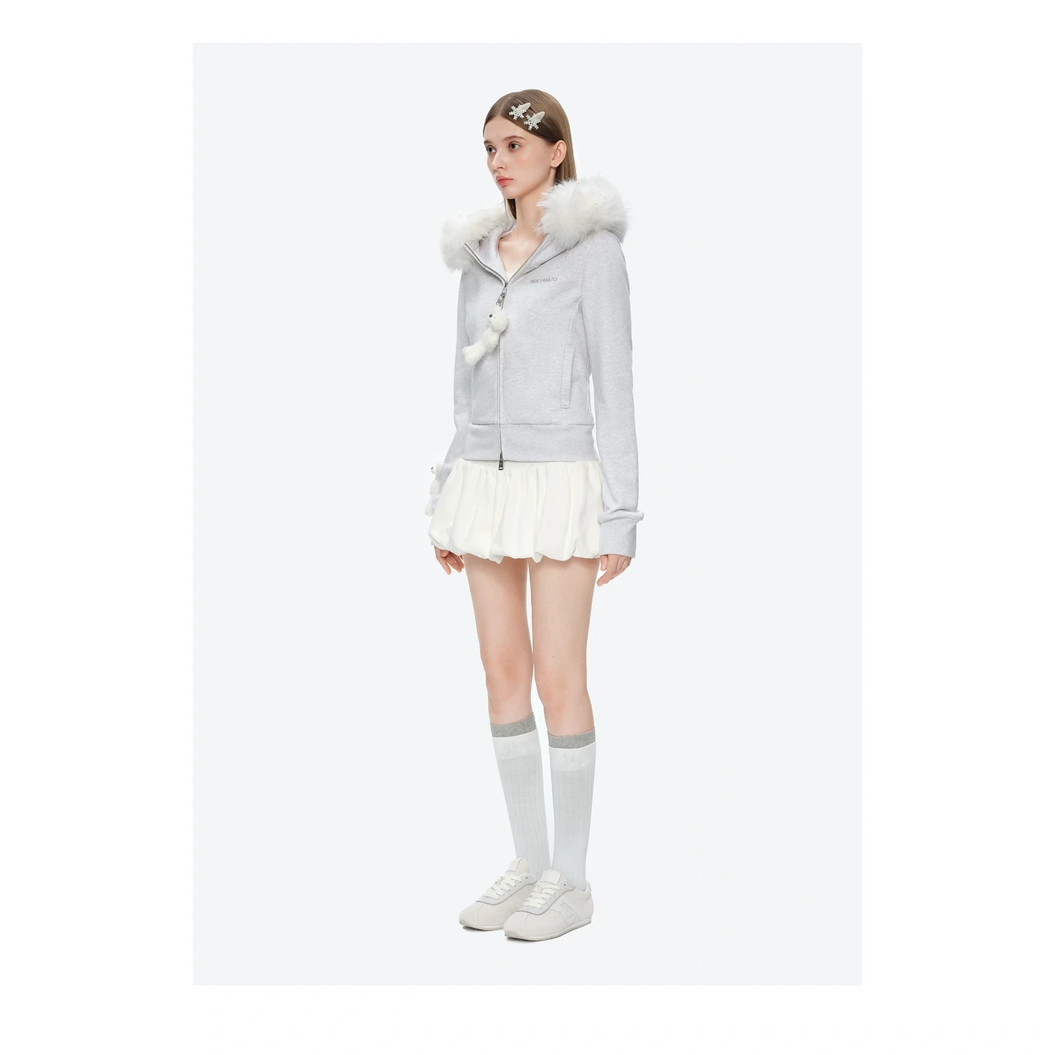 13DE MARZO Doozoo Fur Collar Hoodie Light Grey - Image 4