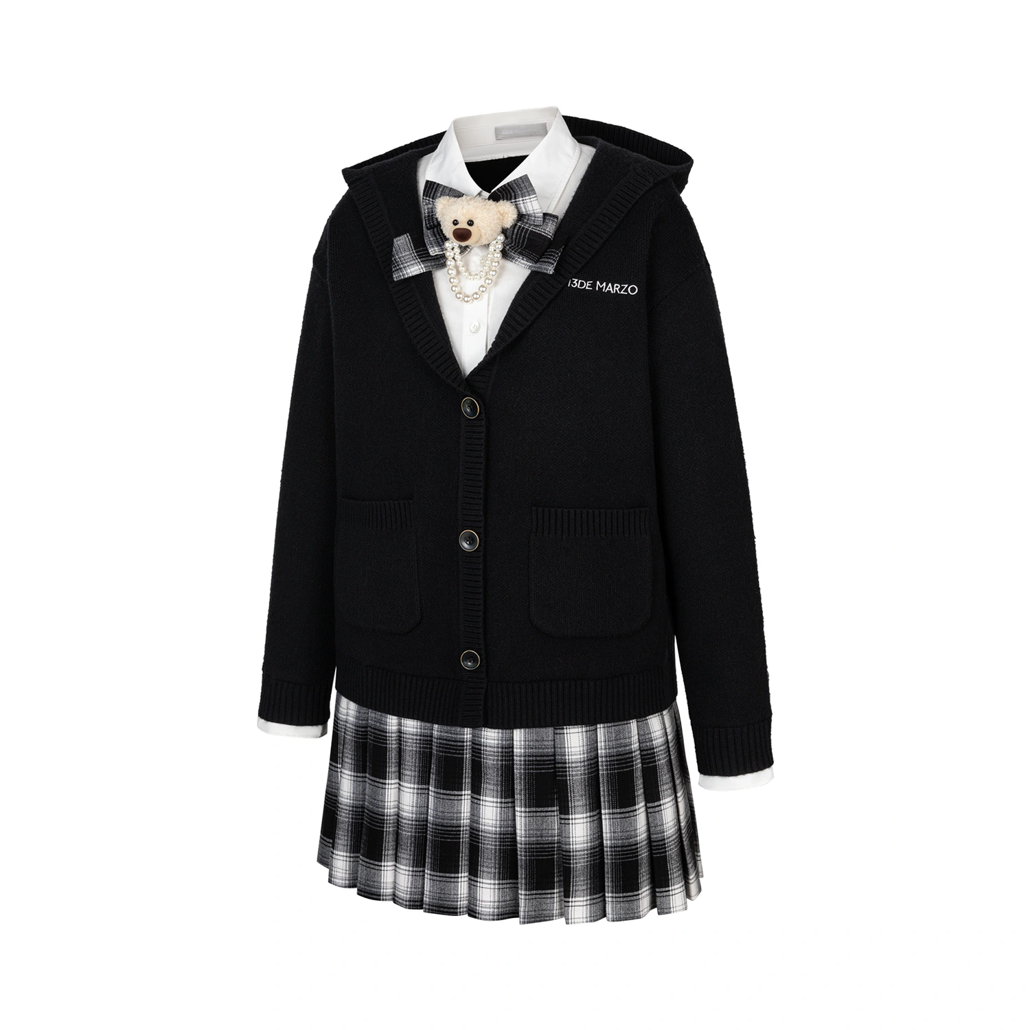 13DE MARZO Mock Three Piece Knit Pleated School Dress Black - Image 5