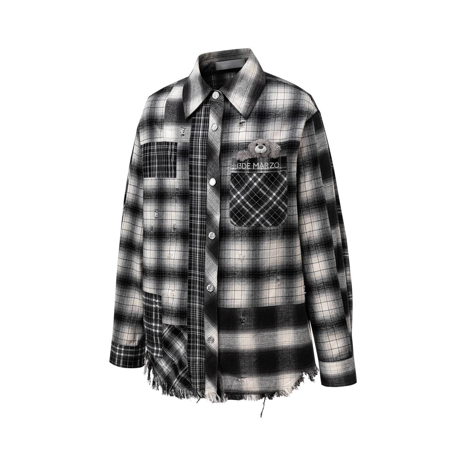 13DE MARZO Patchwork Plaid Distressed Shirt - Image 5
