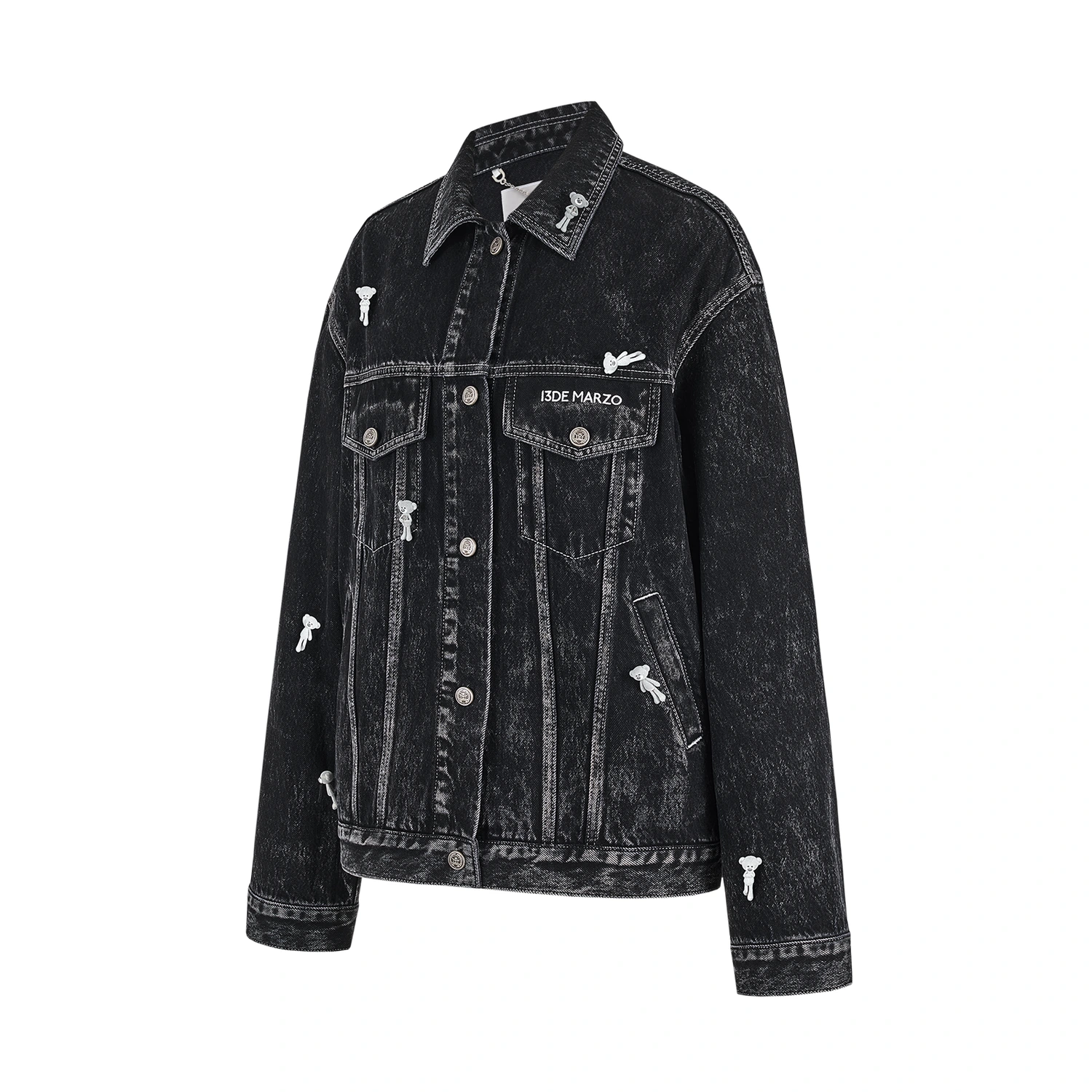 13DE MARZO All-Over Flocked Bear Denim Jacket Black - Image 5