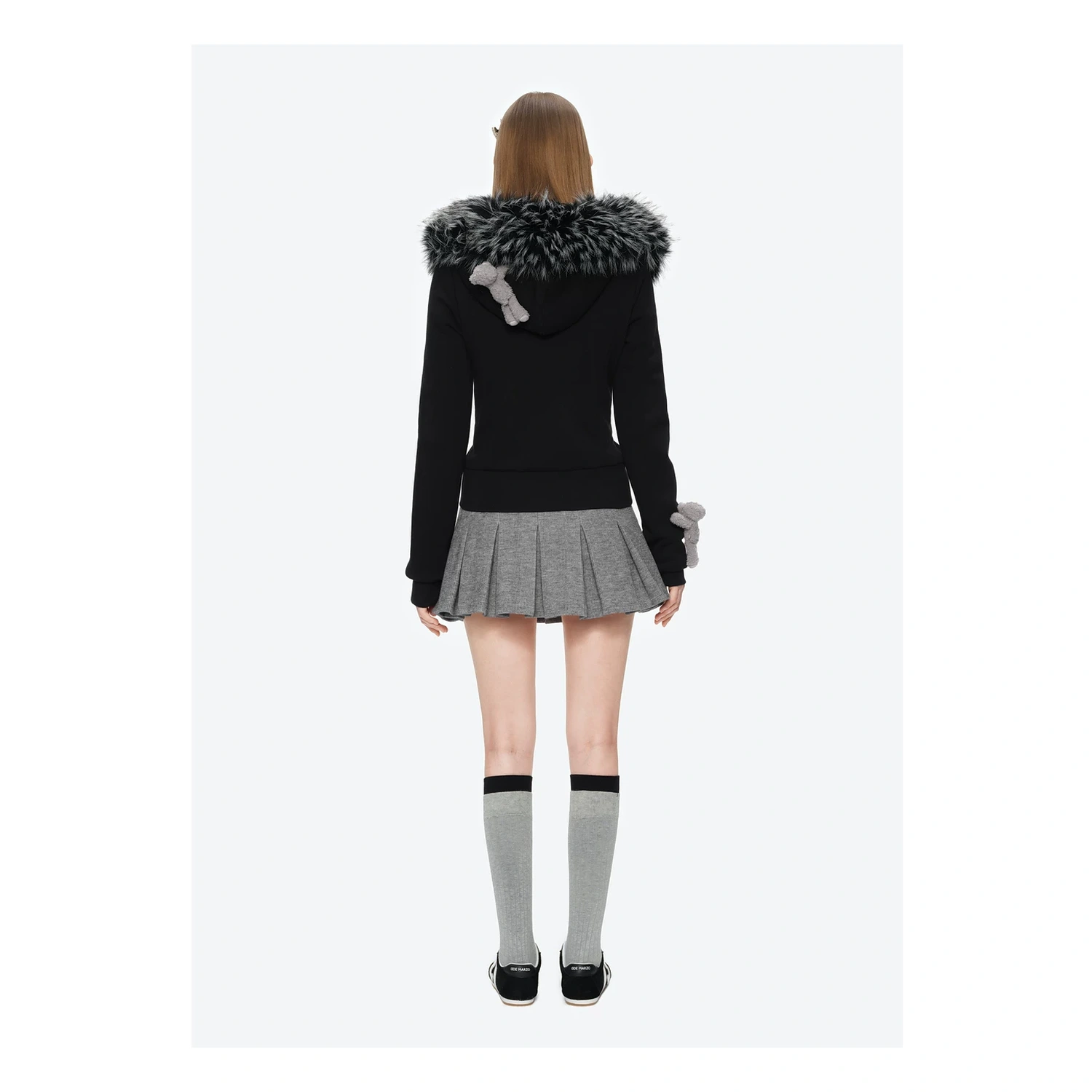 13DE MARZO Doozoo Fur Collar Hoodie Black - Image 5