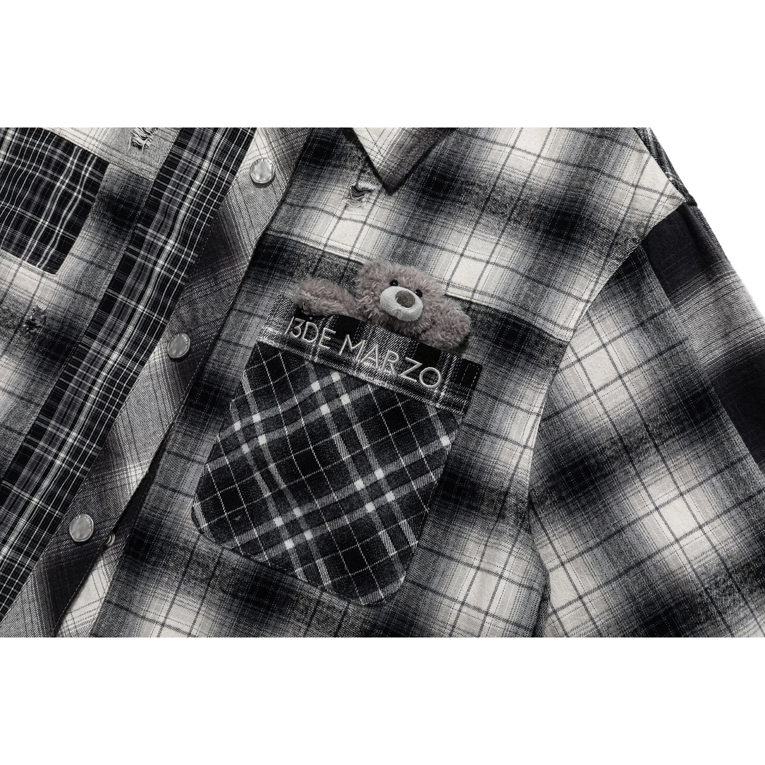 13DE MARZO Patchwork Plaid Distressed Shirt - Image 8